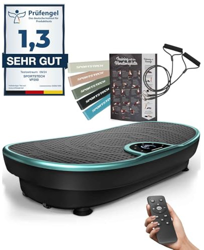 Sportstech Vibrationsplatte VP250 | Deutsche Qualitätsmarke | Curved Slim Design | Fettverbrennung & Muskelaufbau | leiser Motor mit 180 Stufen | 7+1 Trainingsprogramme inkl. Yoga | mit Bluetooth