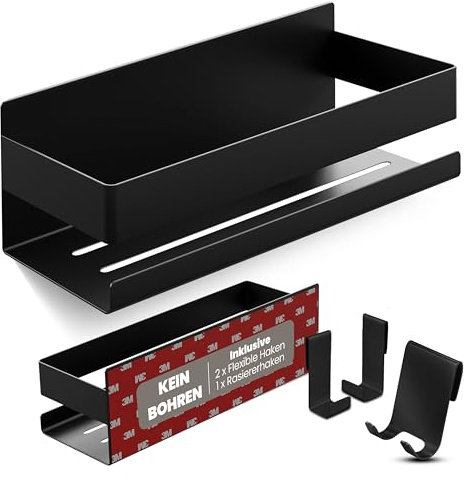 LIEBHEIM Duschablage Ohne Bohren - Badregal - Duschkorb - Bad Organizer | Leicht - schwarz - 22 cm x 9 cm - 2 Klebevarianten für Nass- und Trockenbereich