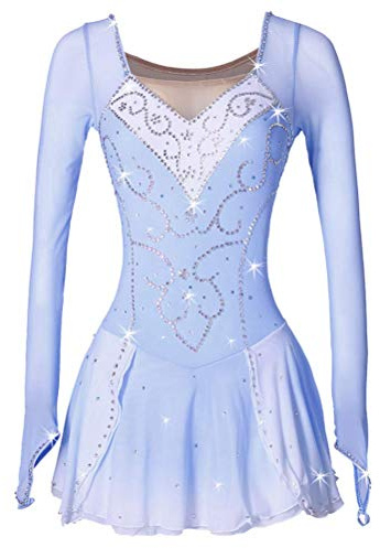 YDHTIZ Professionelles Eiskunstlauf Wettkampf Kleid Langärmliges Eislauf Performance Kostüm Für Mädchen Strass Gymnastik Trikots Mit Fingerpunkt Ärmeln