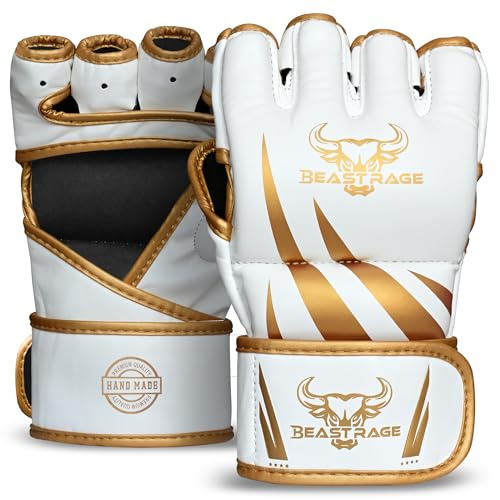 BEAST RAGE MMA-Handschuhe Herren für Grappling Handschuhe MMA Muay Thai Kickboxen Handschuhe mit Handgelenkstütze, stoßdämpfender Polster für Damen Fighting, BJJ Kinder (Weiß/Gold, S/M)