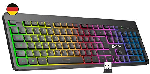 KLIM Light V2 Gaming Tastatur Kabellos QWERTZ + NEU 2023 + flach, ergonomisch, dezent, wasserresistent + Beleuchtete Gaming Tastatur für PC Mac PS4 PS5 + Integrierter Akku mit Langer Lebensdauer