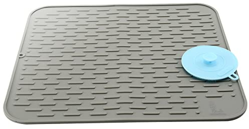 SUPER KITCHEN Große Silikon Geschirr Trockenmatte Dicke Abtropfmatte Küche | mit einer Multifunktionalen Reinigungsbürste für die Arbeitsplatte, Hitzebeständiger Untersetzer, 45x40cm Grau, Super Kitchen