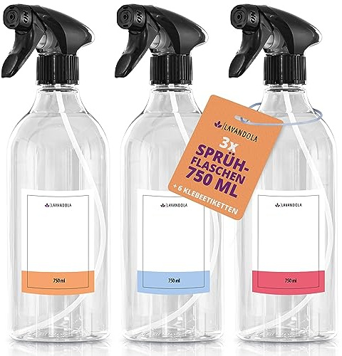 Lavandola 3x Sprühflasche 750ml mit Etiketten - Gleichmäßiges & feines Sprühbild, dichte & auslaufsichere Polyethylen-Sprühflasche für Pflanzen, Autopflege & mehr - 3x Set