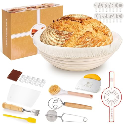Toyvile 10-teilig Gärkorb Brot Set, 23cm Gärkörbchen zum Brotbacken, Sauerteig Starter Set, Brot Backen Zubehör zum Teigschneider, Leineneinsatz, Teigrührer & Brot Lame, Gärkörbchen Rund für Anfänger