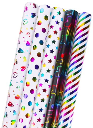 woric 5 Rollen Geschenkpapier Geburtstag, 43cm x 3m Geschenkpapier Rolle Bunt Geschenkpapierrolle Set für Kindergeburtstag Hochzeit Babyparty (Bunt)