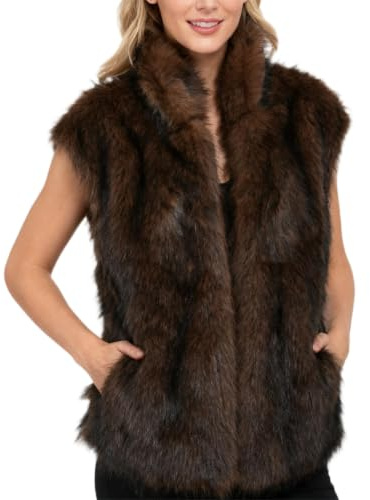 Amazhiyu Kunstfell-Weste für Damen, Winter, offene Vorderseite, Cardigan mit Taschen, ärmellos, V-Ausschnitt, flauschige Weste