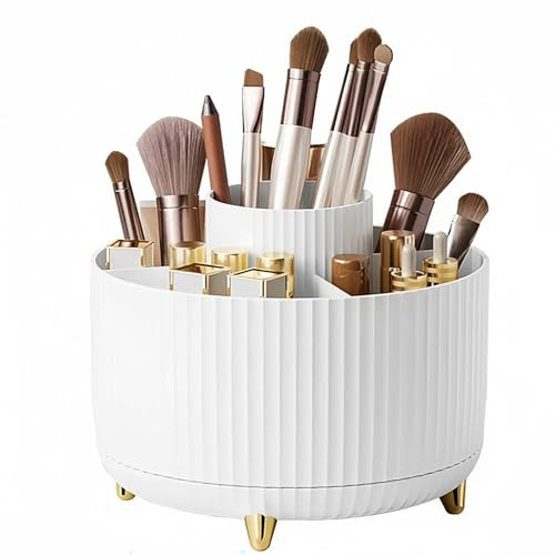 DONGDA multifunktionaler Pinsel-Organizer, 360° drehbar, Aufbewahrung von Make-up, 5 Fächer, für Schminktisch, Schlafzimmer, Badezimmer (weiß)