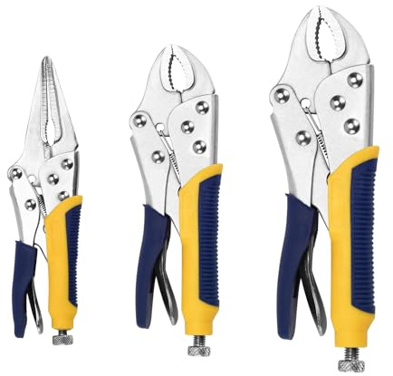 TMZDCJK 3 teiliges Gripzangen Feststellzangen Set, 22 cm und 19cm gebogene Backen, 17 cm lange Nase gebogene Backen Schraubstock Griffzangen Set, V-Spannzange, Blau/Gelb
