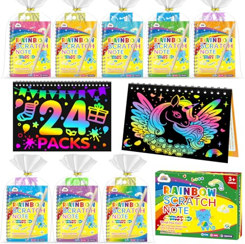 ZMLM Kratzbilder Für Kinder, 24 Magic Regenbogen Scratch Book mit Holzstifte und Malschablonen zum Zeichnen und Basteln, Mitbringsel Kindergeburtstag, Einschulung von 3 bis 12 Jahren