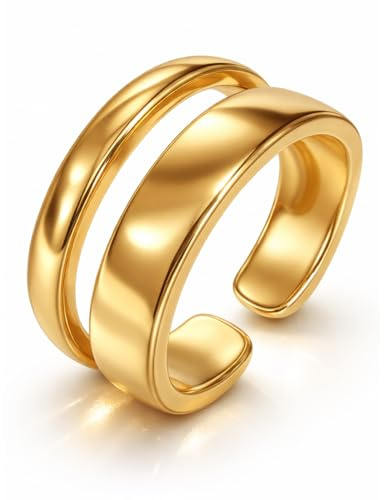 Positiva Jewelry Offener Bandring Damen – Verstellbarer 18K Vergoldeter Edelstahlring, Wasserfest, Hautfreundlich, Doppelring Design, Trendiger Statement Ring als Geschenk für Frauen (Gold)