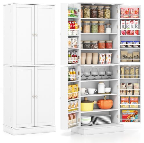 COSTWAY Küchenschrank hoch, Vorratsschrank 170 cm für Küche, Buffetschrank mit 4 Türen & 6 verstellbaren Regalen, freistehender Aufbewahrungsschrank, Mehrzweckschrank für Esszimmer, Wohnzimmer, Weiß