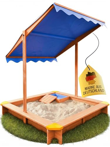 FRIEDO - Sandkasten mit Dach (UV80+) & Matschküche 140x140 cm - Sandkiste inklusive Bodenvlies gegen Unkraut und Ungeziefer - Sandkasten mit Abdeckung für Kinder (L - 140x140cm)