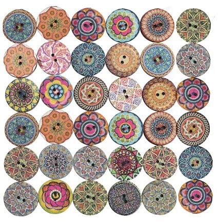 100 Stücke Retro Knöpfe, 25mm Vintage Knöpfe Bunt Knöpfe aus Holz Kinderknöpfe Blumen Puppenknöpfe Gemischte Multicolor Runde Holzknöpfe mit 2 Löcher zum Basteln, Nähen, Malerei,Handwerk, Deko