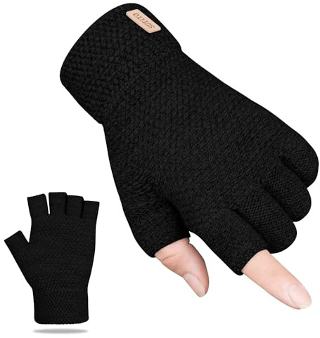 SUTIYO Fingerlose Handschuhe Herren Damen, Kaschmir Strick Handschuhe Warme Ohne Finger, Fingerless Gloves Winterhandschuhe Arbeits Autofahren Radfahren Sport (Schwarz)