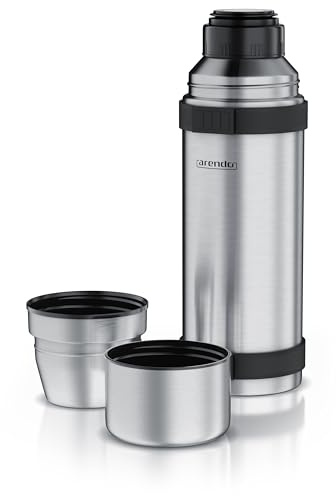 Arendo - Thermoskanne 1l Edelstahl – mit 2 Becher - Thermosflasche doppelwandig - 1000ml - One Click Verschluss - auslaufsicher – abnehmbarer Deckel – BPA frei – Kohlensäurefest - silber