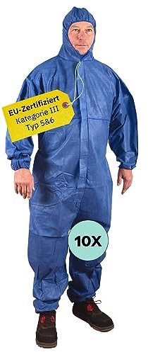 AWOTEX Einweg-Overall Set XXL Kategorie III Typ 5 & 6 in blau I Schutzanzug Einweg I Maleranzug Einweg spritzdicht I Einweg Schutzanzug I Arbeits-Overall Herren & Damen I 4 oder 10 Stk.