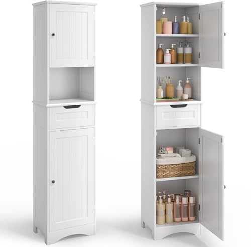 Blishom Badezimmerschrank Badschrank Hochschrank mit verstellbaren Einlegeböden, Schublade, offenem Fach, magnetischen Türen und Kippsicherung – 170 x 40 x 30 cm (Weiß)