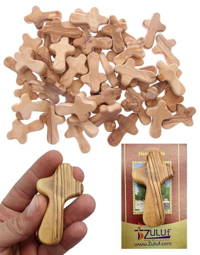 Zuluf 50 kleine Olivenholz-Handkreuze aus Bethlehem Fabrik, Meditations-Handkreuze aus Bethlehem-Israel, 6 cm je Kreuz und 50 Zertifikate für Heiliges Land CRS098