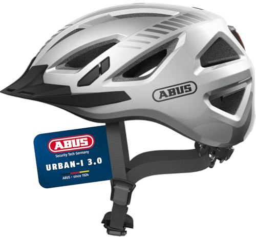 ABUS Stadthelm Urban-I 3.0 - Fahrradhelm mit Rücklicht, Schirm und Magnetverschluss - für Damen und Herren - Silber, Größe M