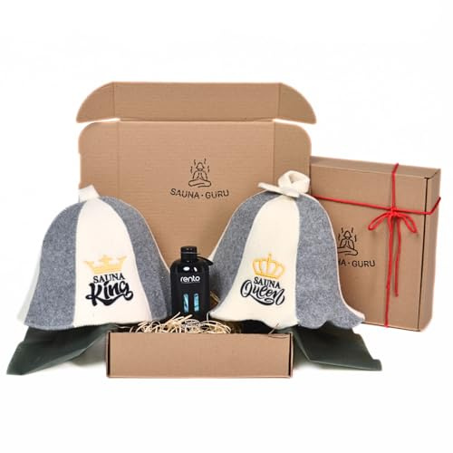 Sauna Geschenkset „Sauna King & Queen“ – 2x Saunahut aus 100% Wollfilz + Eukalyptus Saunaaufguss – Luxus Sauna Set für Zwei – Saunazubehör & Geschenkidee für Sauna Liebhaber, Wellness & Entspannung