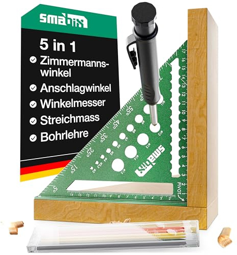 Smabix® 5-in-1 Zimmermannswinkel [100% ALUMINIUM] – 180mm großer Anschlagwinkel & Schreinerwinkel, inkl. Tieflochmarker & 6 Ersatzminen, 90 & 45 Grad Anschlagwinkel, Videoanleitung, Metrisches System