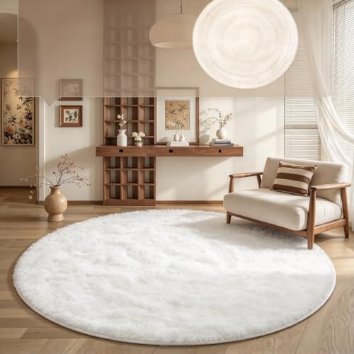 Tenekee Teppich Rund Teppich Wohnzimmer Hochflor Teppiche Langflor Wohnzimmerteppich für Wohnzimmer Flauschiger Teppich Schlafzimmer Outdoor Carpet (Weiß, 160cm)