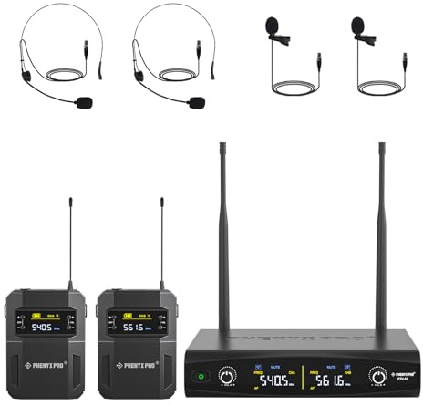 Phenyx Pro UHF Kabelloses Mikrofonsystem mit 2 x 30 abstimmbaren PTU-52-2B | schnurloses Metall-Mikrofon-Set, 61 m Reichweite, 2 Bodypacks & Headsets/Ansteckmikrofone für Sprechen, Singen, Kirche, DJ