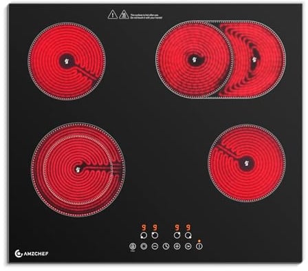 AMZCHEF Glaskeramikkochfeld 4 Platten 7200W, Herdplatte 4 Kochfelder 60 cm, 9 Leistungsstufen, Dual-/Ovalzonen für Grillen, Heizpause-Funktion, Kompatibel mit allem Kochgeschirr