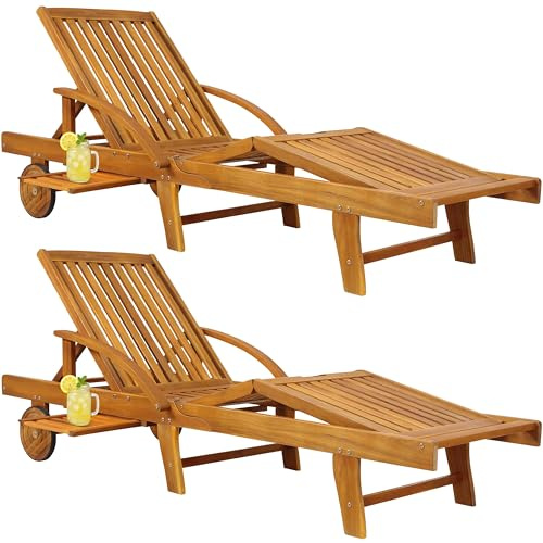 CASARIA Sonnenliege Holz 2er Set, klappbar mit Rädern, 195,5 cm | Gartenliegen für 2 Personen, wetterfest, Rückenlehne 4-fach, Fußteil 3-fach, Tisch ausziehbar, 195,5 cm, bis 160 kg je Liege