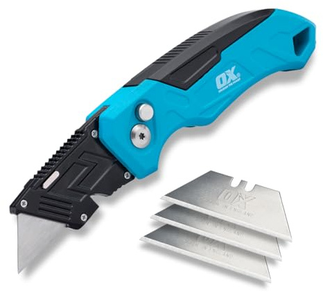 OX Tools Pro Klappmesser mit fester Klinge, robust, mit einfachem Klingenwechsel, schnell zusammenklappbar, robust, leicht, inkl. 3 Ersatzklingen