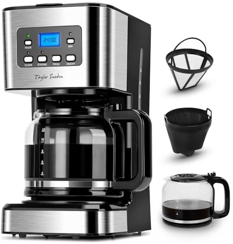 Taylor Swoden Kaffeemaschine mit Timer, Tropf-Stopp, 1.5L, 950W, Schwarz | Filterkaffeemaschine 12 Tassen, Intensives Aroma, Automatische Abschaltung, Permanentfilter, Heizplatte, BPA-frei