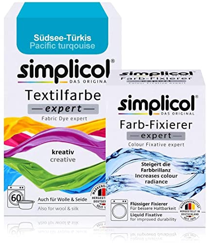 simplicol Textilfarbe expert + Farbfixierer Kombipack, Südsee-Türkis 1711: Farbe für Waschmaschine oder manuelles Färben