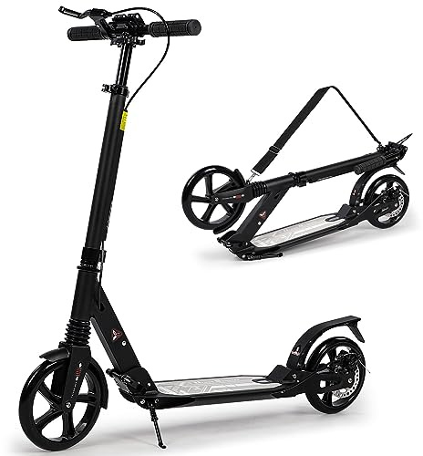 Kickscooter, Tretroller für Kinder von 8 bis 12 Jahren mit großen Rädern von 200 mm für Erwachsene mit Scheibenbremsen, verstellbare Roller mit Tragegurt für Jugendliche von 11 bis 15 Jahren (Schwarz)