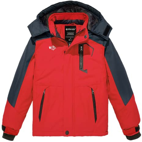 Wantdo Jungen Ski Winterjacke wasserdichte Winddichte Snowboardjacke Wandern Freizeit Outdoorjacke Kapuze Mäntel Fleece-Futter Regenjacke Rot 128-134