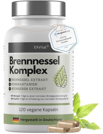 EXVital Brennnessel Kapseln Komplex mit Weinreben & Rosskastanien Extrakt, 800mg Brennnessel Extrakt pro Tag, 120 vegane Kapseln, Clever mit Mangan & Kupfer, vegan & ohne Zusätze