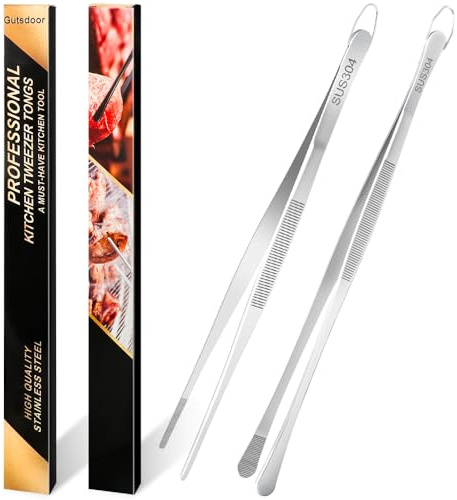 Gutsdoor 2er SET Edelstahl Kochpinzette, 30cm Zangen Präzision Gezackte Spitzen & Grillpinzette, Lange Pinzette Professionelle Kochpinzette Küchenwerkzeuge zum Grillen, Dekorieren und Backzubehör