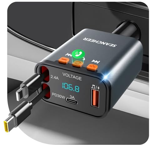 SEANCHEER Bluetooth Adapter Auto, 69W KFZ Ladegerät mit 2 Einziehbare Kabel | Zigarettenanzünder USB C, FM Transmitter Auto Bluetooth 5.3, 24V/12V USB Adapter Auto, Autozubehör für Android/iOS