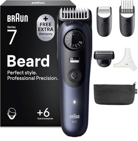 Braun Barttrimmer Series 7, Kabelloser Bartschneider Herren, BT7520, Blau | Bart Rasierer mit 40 Längen, Trimmer mit 120 Min. Akku, Wasserdicht, Inkl. 6 Zubehörteilen Und Ultrascharfe Klinge