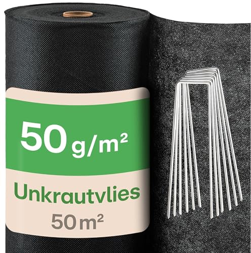 Praknu Unkrautvlies 50g/m2 Extra Stark - 50m2 - Unkrautfolie mit 24 Erdankern - Wasserdurchlässig & Reißfest - UV Stabil - Gartenvlies - Gartenfolie - Mulchfolie - Vlies gegen Unkraut - Unkrautmatte