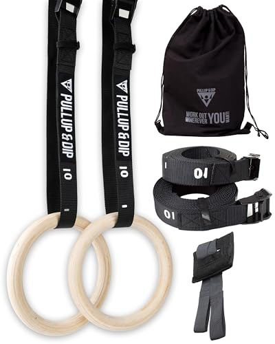 PULLUP & DIP Premium Turnringe Holz, Gym Rings Gymnastikringe, Turnerringe für Calisthenics, Breite Befestigungsgurte mit Markierungen + Türanker + Transportbeutel + eBook (runde Ringe Set)
