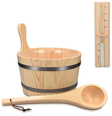 Navaris Saunakübel aus Holz mit Kelle Sanduhr - 5L Sauna Kübel mit Kunststoffeinsatz - Aufgusseimer Set Saunaeimer Ø 27,5 cm - Eimer aus Kiefer