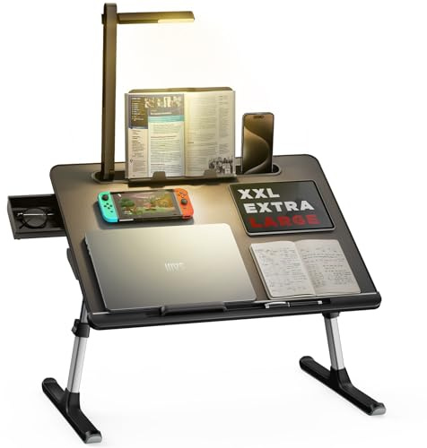 Laptop-Betttisch mit LED-Beleuchtung, extra großer, klappbarer Betttisch | Höhen Winkel verstellbar, mit Buchständer, Schublade, Lap Stopper, Tablet Schlitz, Schlittenbeine