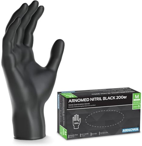 200x ARNOMED Einweghandschuhe Schwarz, Einmalhandschuhe M, Nitrilhandschuhe, Handschuhe Einweg puderfrei, latexfreie Gummihandschuhe, Einweghandschuhe in XS, S, M, L & XL verfügbar