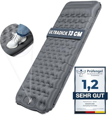 HIKENTURE Camping Isomatte, 13CM Ultradicke Isomatte Camping mit Kissen, Aufblasbare Luftmatratze Kleines Packmaß, Ultraleichte Schlafmatte mit Fußpumpe für Outdoor, Wandern, Zelt - Grau