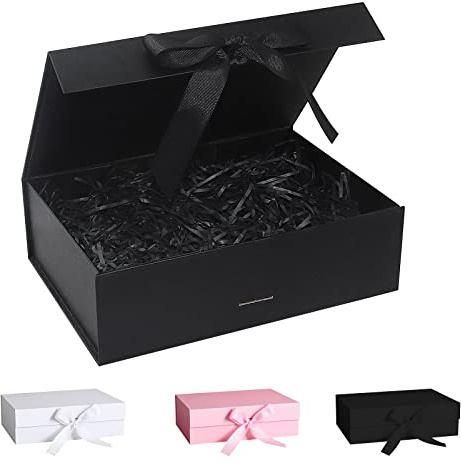 Geschenkbox Mit Schleife, Deckel, Schleifenband Und Geschreddertem Papier - Magnetische Box für Hochzeit, Geburtstag, Weihnachten, Jubiläum (Schwarz, 27*19*8cm)