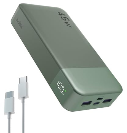 NOBIS Power Bank, Powerbank 20000mAh, 45W Externe Handyakkus Schnellladen | Externer Akku mit C zu C Kabel, Tragbares Ladegerät mit Digitalanzeige für Phone Android Laptop etc