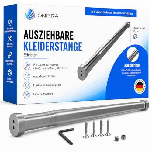 Onpira® Ausziehbare Kleiderstange aus Edelstahl, Schrankrohr ausziehbar, in 3 Grössen zur Auswahl 41-130 cm, Schrankzubehör (61-90cm)