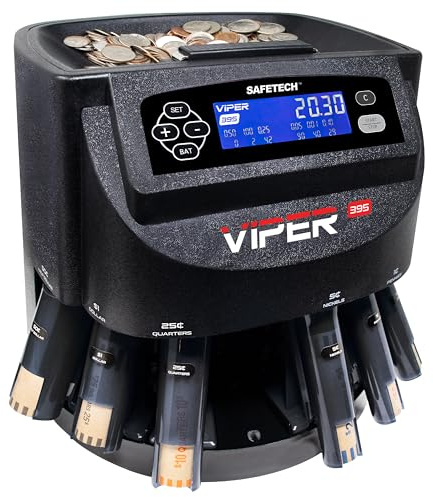 Safetech Viper V395 Münzzähler, Sortierer und Wrapper, sortiert alle US-Münzen, einschließlich halber Dollar, kommt mit 48 vorgeformten Verpackungen, Staubschutz