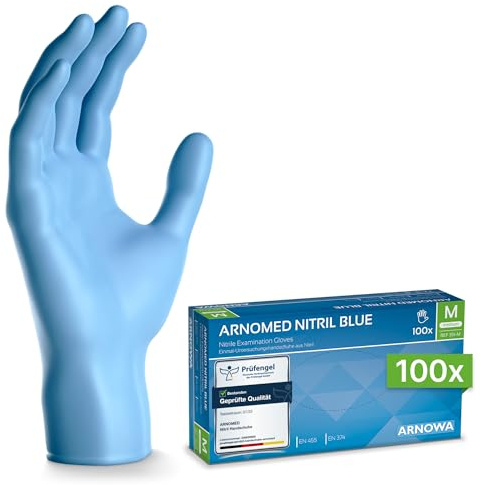 ARNOMED Nitril Einweghandschuhe 100 Stück/Box, M, puderfreie & latexfreie Einmalhandschuhe, Blaue Nitrilhandschuhe, in Gr. XS, S, M, L, XL & XXL verfügbar