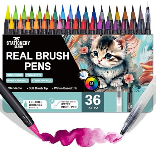 STATIONERY ISLAND Aquarellstifte 37-teilig 36 Aquarell Pinselstifte 1 Wassertankpinsel, Brush Pen Set für Kinder & Erwachsene Aquarellpinsel Stifte für Kalligraphie Malerei